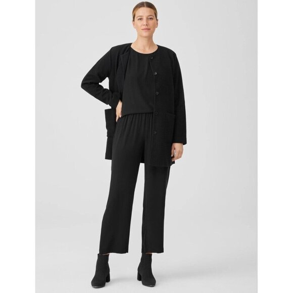 Eileen Fisher NWT Silk Georgette Crepe Straight Pants in Black Elastic Waist 2X